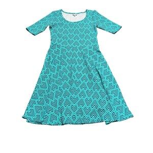 LuLaRoe Nicole Dress Teal Turquoise Geometric Print Sz M Excellent Condition